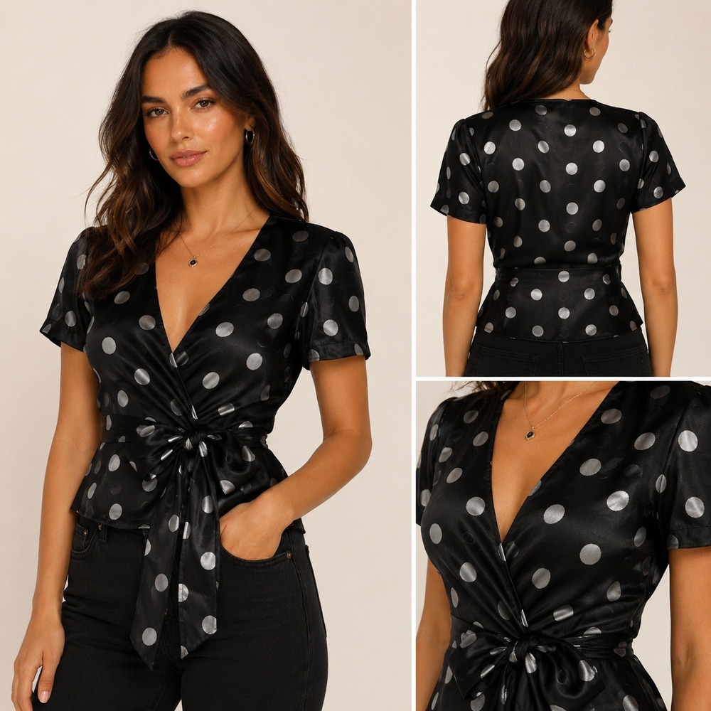 Diane Von Furstenberg Black Satin Polka Dot Wrap Blouse
